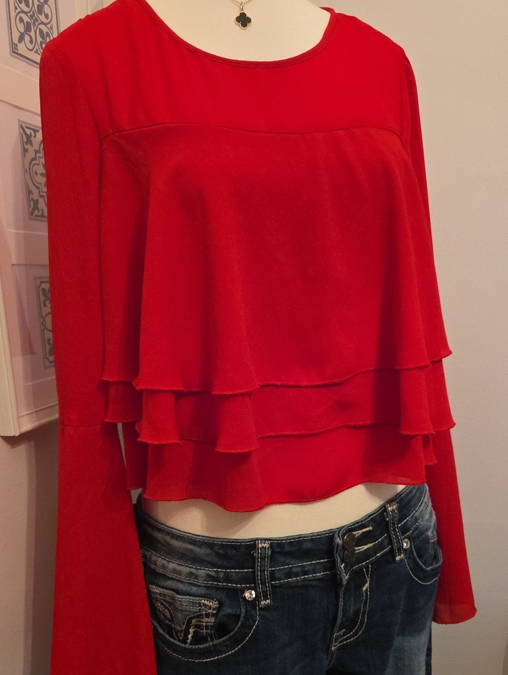 Red Layered 18" Length Long Sleeve / Bell Sleeve Top